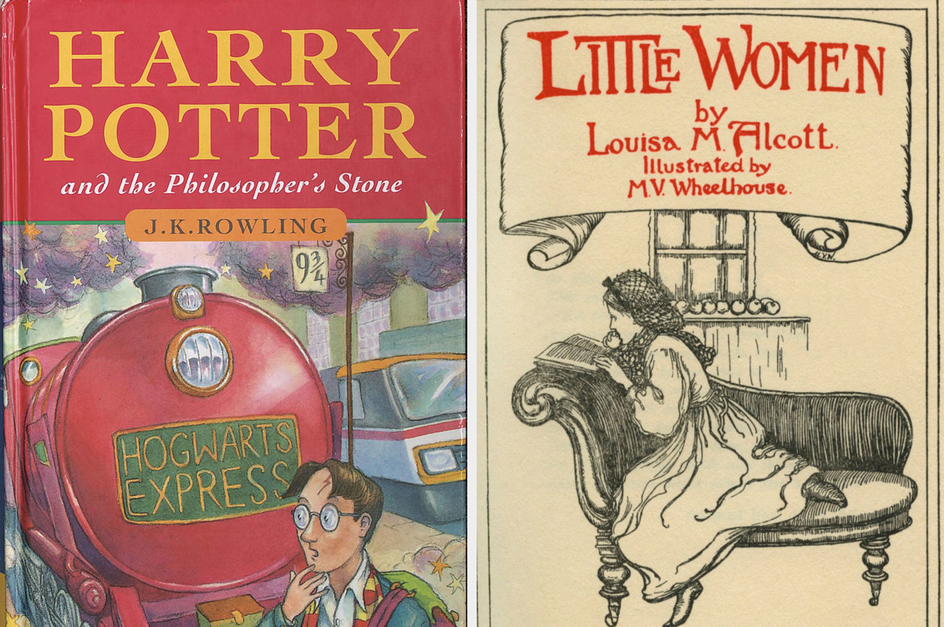Covers of "Harry Potter and the Philosopher's Stone" by J.K. Rowling and "Little Women" by Louisa May Alcott