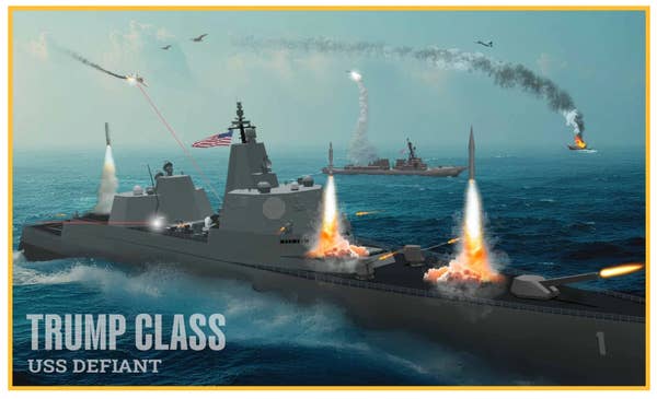 Illustration of the USS Defiant, a Trump Class battleship, with missiles firing and naval action in the background