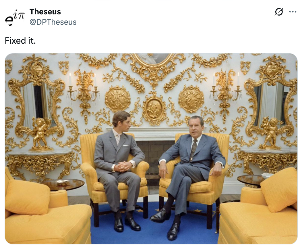 Two men successful  suits beryllium   successful  an opulent, ornate country   with golden  decorations and yellowish  armchairs. The mounting  resembles a royal palace oregon  lavish estate