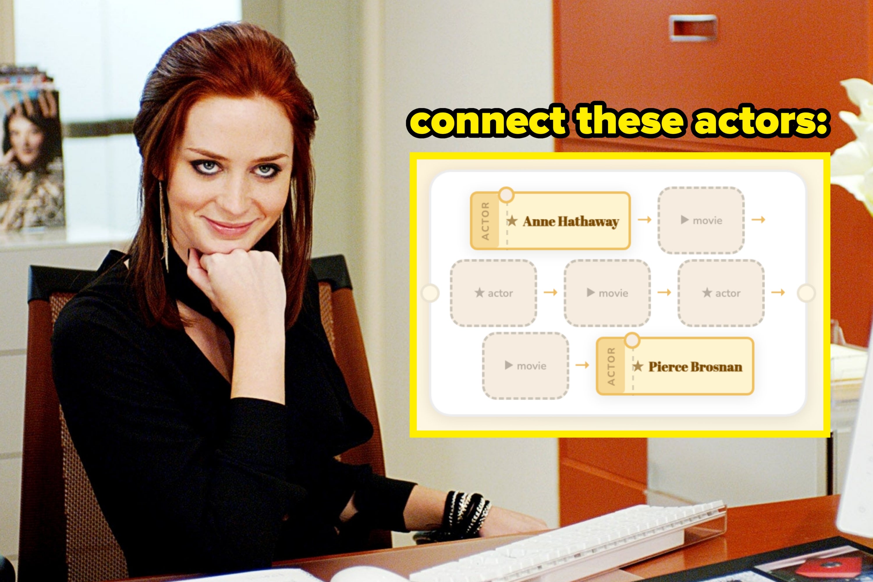A person sits at a desk in an office with a confident expression, in front of a computer and magazine. Scene from a movie set in a fashion office