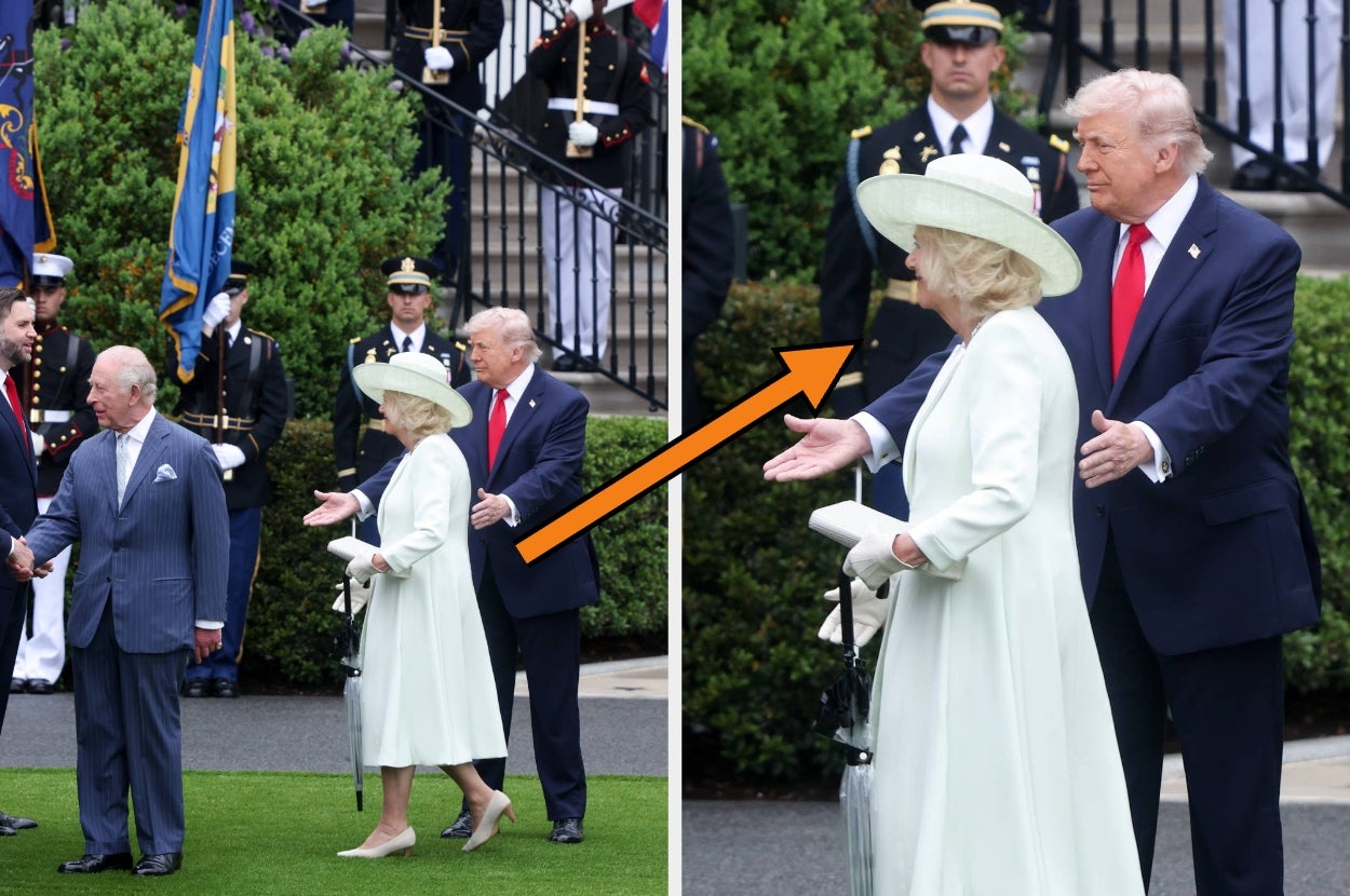 A public figure gestures to another person in formal attire during a ceremonial outdoor event, with uniformed individuals in the background