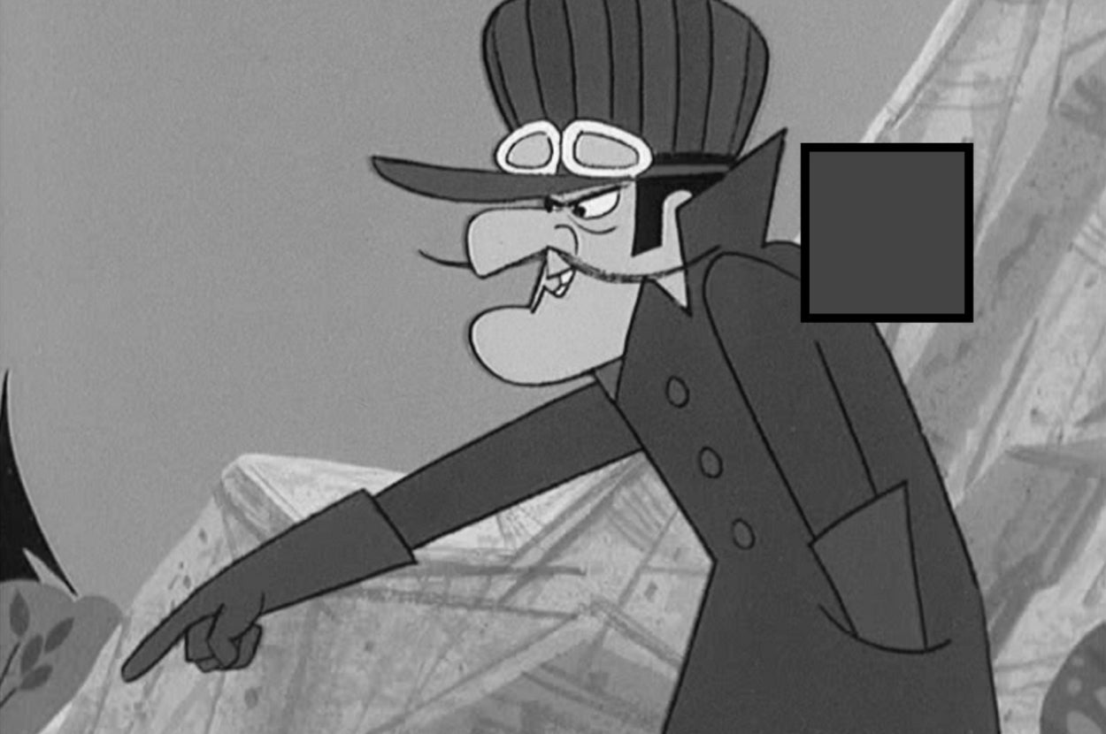Cartoon villain with exaggerated features, wearing a coat and goggles, points with a scheming expression