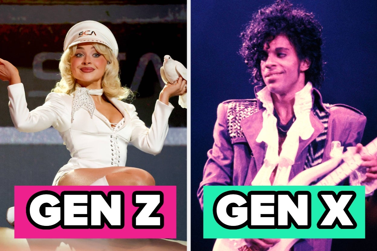 On the left, Sabrina Carpenter is in a short leather flight attendant outfit, posing with her arms open and a dove in one hand. On the right, Prince smiles with a guitar during Purple Rain