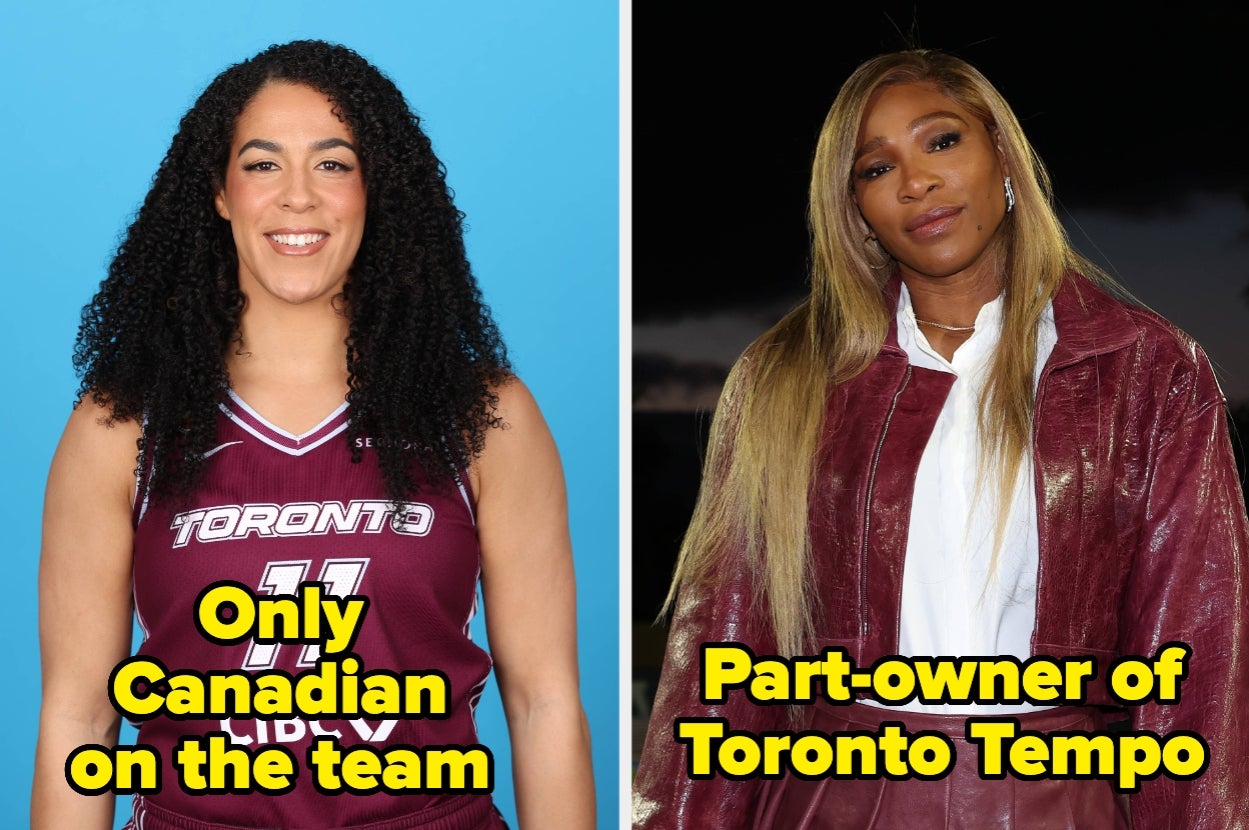 Split image: Left shows a basketball player in uniform with text "Only Canadian on the team". Right shows an individual in a jacket with text "Part-owner of Toronto Tempo"