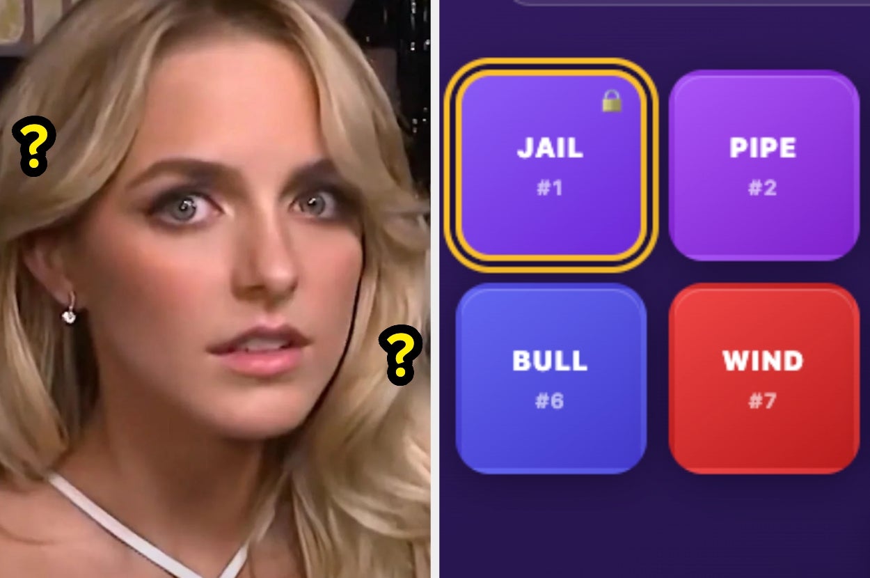 A surprised person on the left; a game with word choices "JAIL," "PIPE," "BULL," and "WIND" on the right