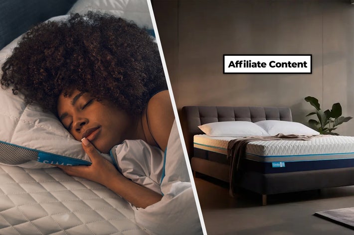 Person sleeping comfortably on a mattress with a close-up, and a bedroom showcasing a stylishly made bed