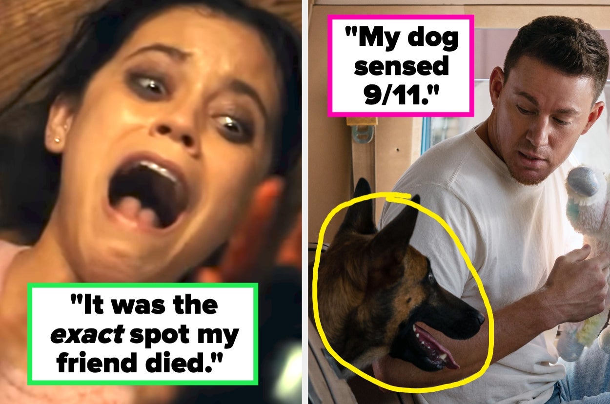 Split image: Left shows a person screaming with text about a friend's death spot. Right shows a person with a dog circled, with text about 9/11 sensing