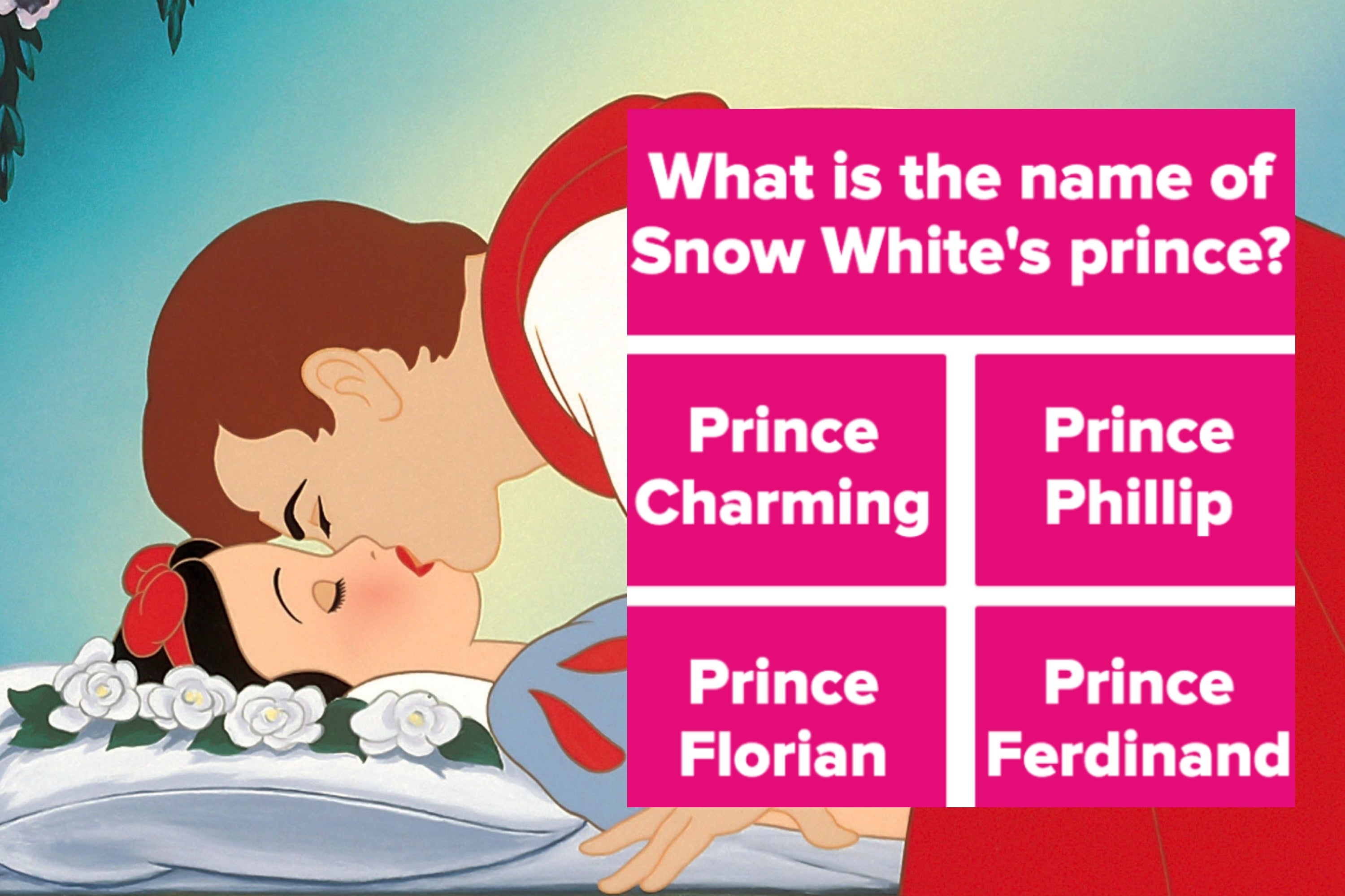 Prince kisses Snow White as she lies asleep on a floral bed, a classic fairy tale scene