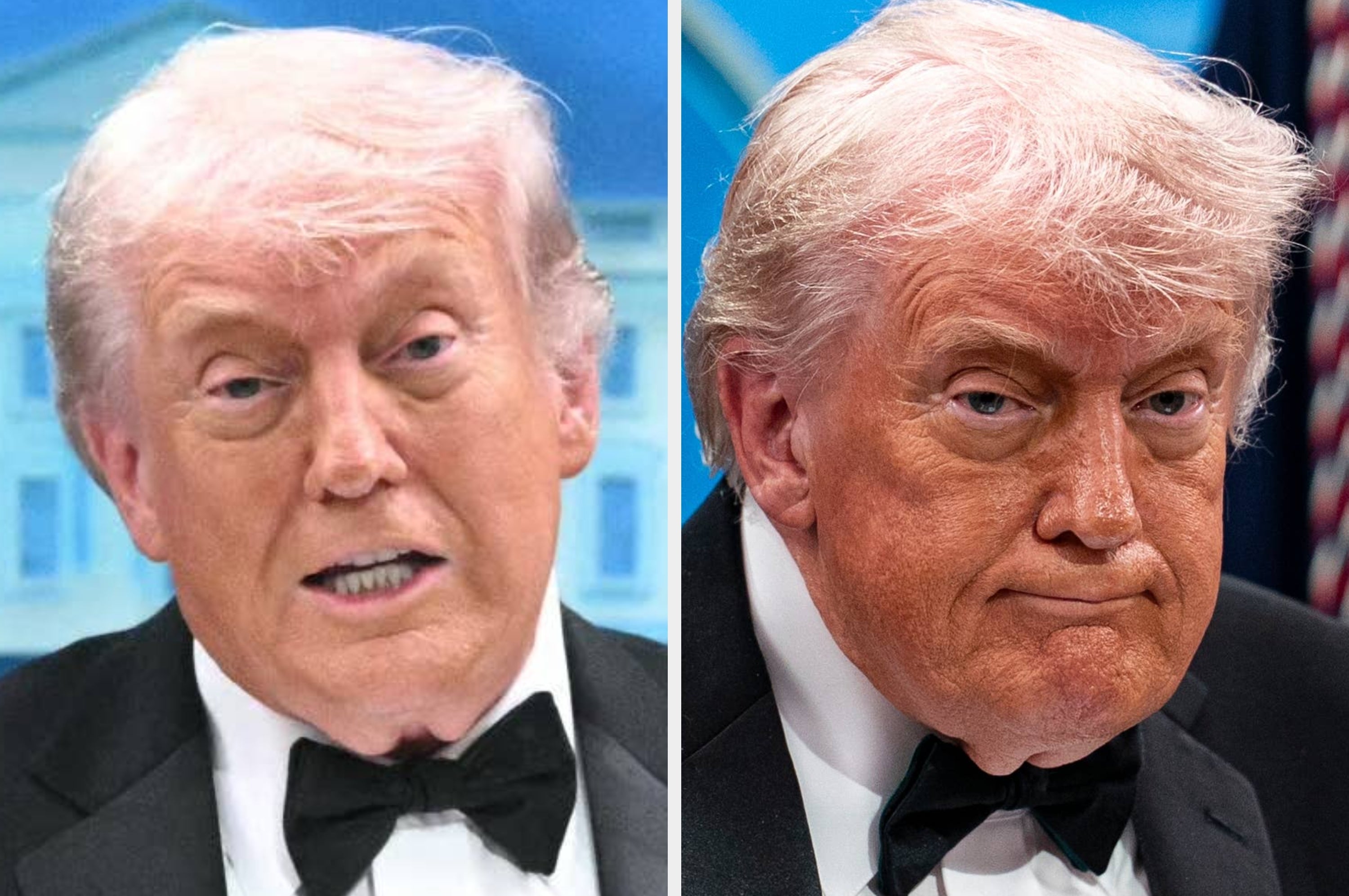 Two different men in tuxedos with similar hairstyles, side by side. Both have distinct facial expressions that convey seriousness