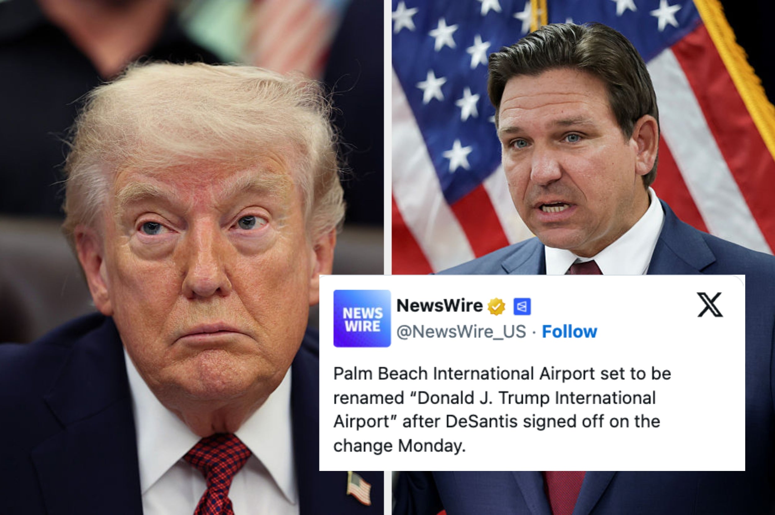 Bildedeling av to menn. En tweet nevner Palm Beach International Airport som skal omdøpes etter Donald J. Trump, signert av DeSantis