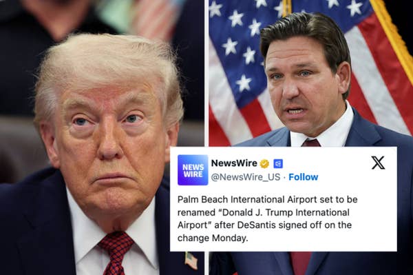 Image split of two men. A tweet mentions Palm Beach International Airport to be renamed after Donald J. Trump, signed by DeSantis