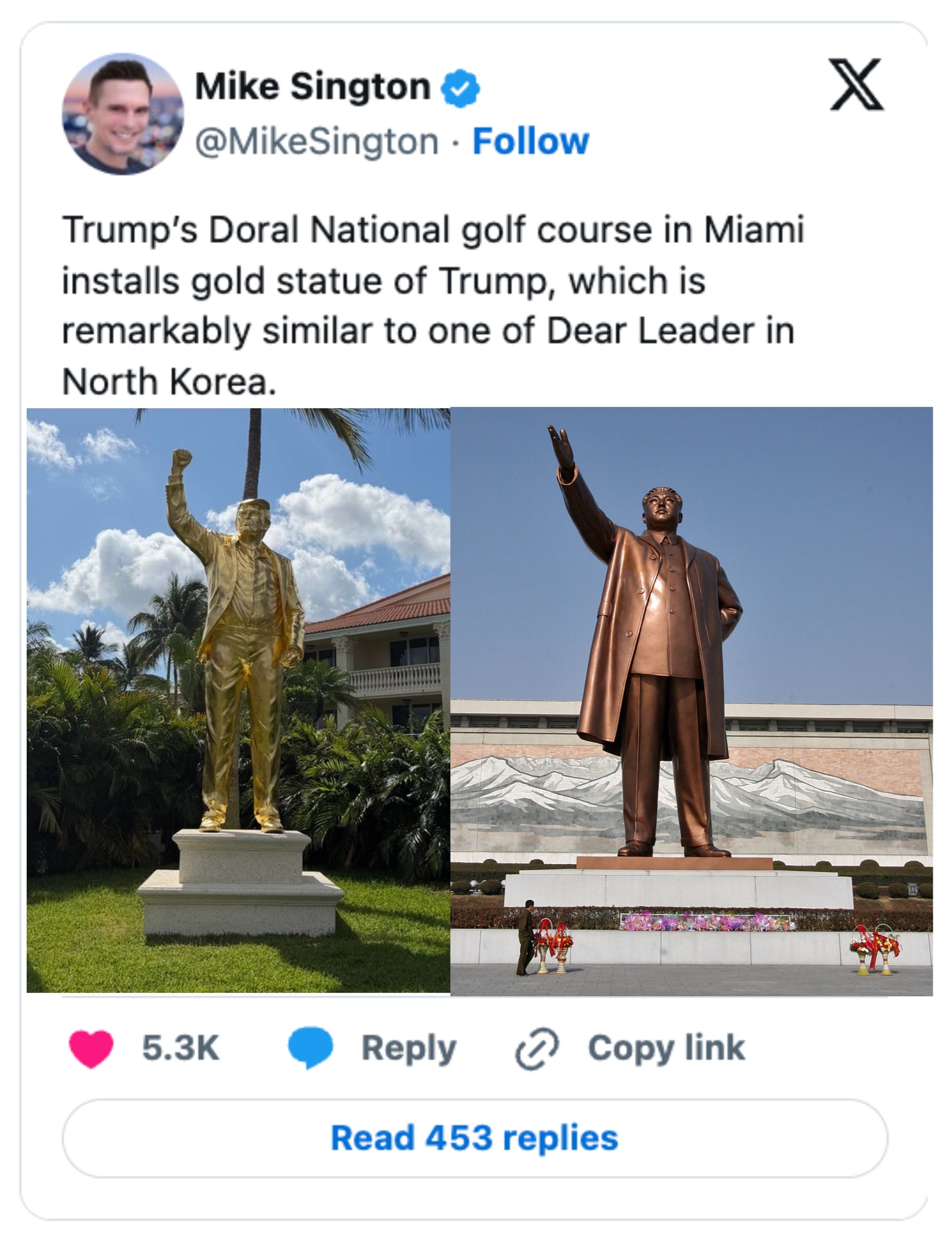 Tweet med to bilder: Gullstatue på Trumps golfbane som ligner på den nordkoreanske lederens statue
