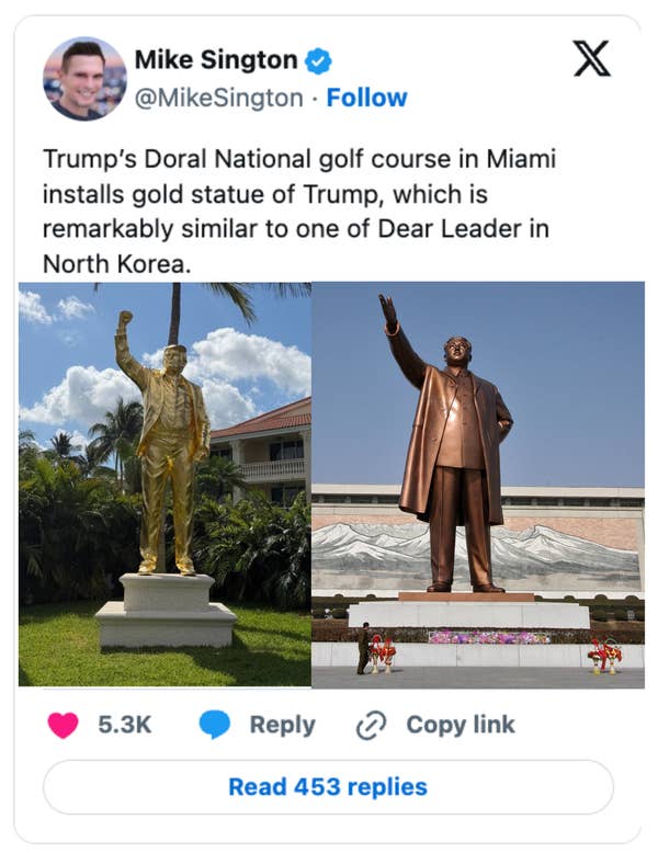 Tweet with two images: Gold statue at Trump's golf course similar to North Korean leader's statue