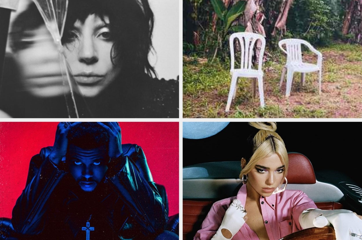 Lady Gaga, Bad Bunny, The Weekend, and Dua Lipa album covers