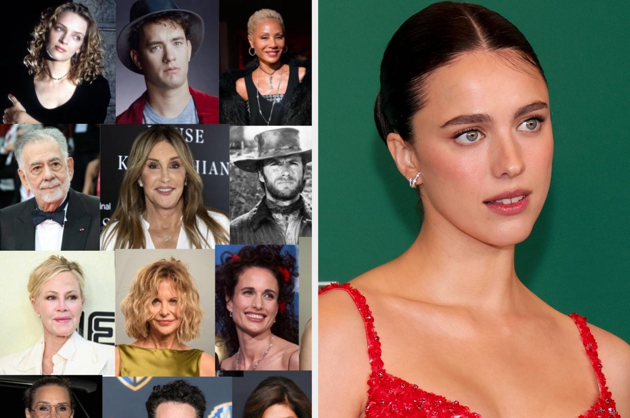 Collage of celebrities on the left; woman in elegant red gown on the right