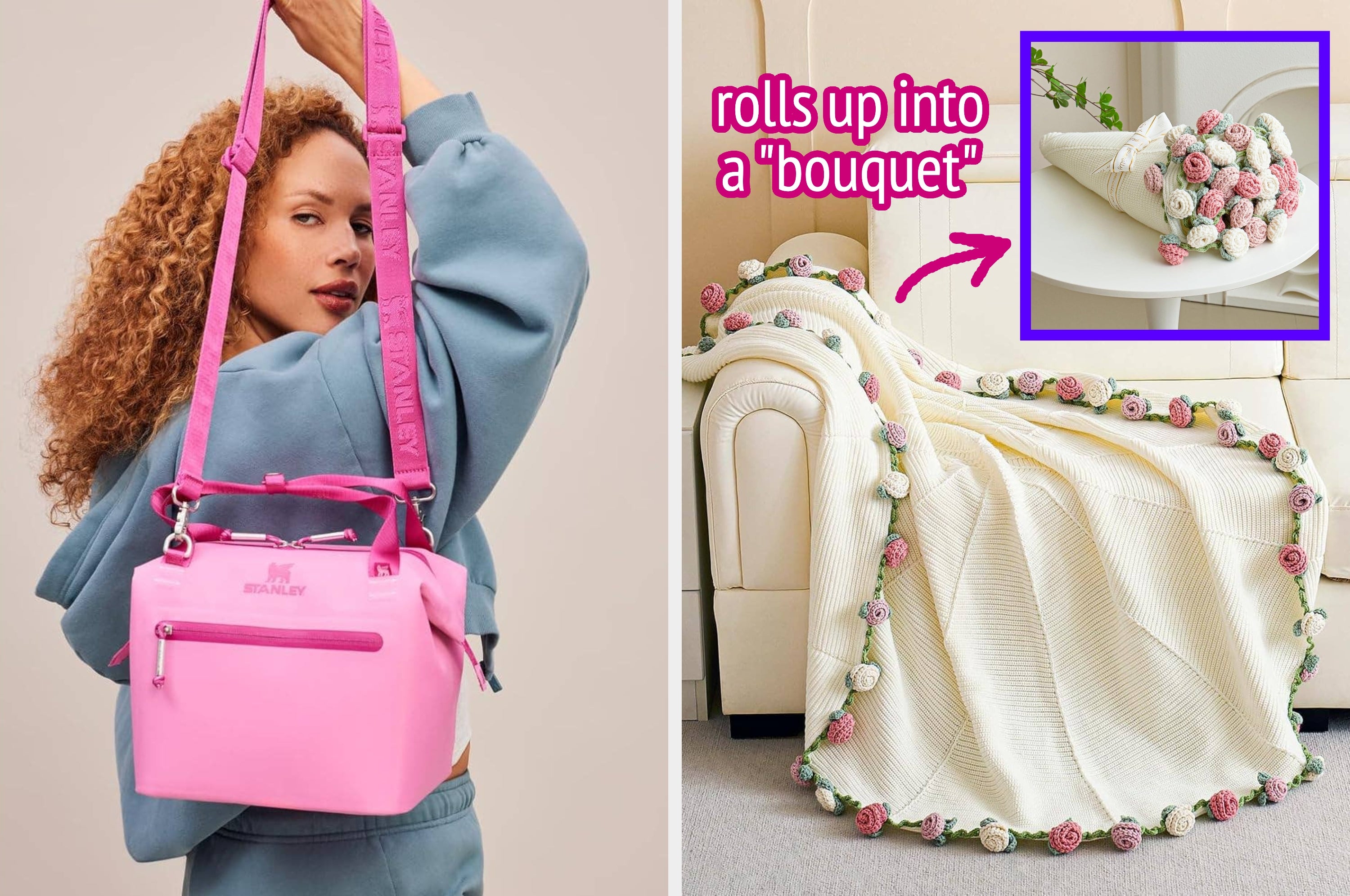model holding a pink stanley cooler / a crochet flower blanket rolled up into a "bouquet"