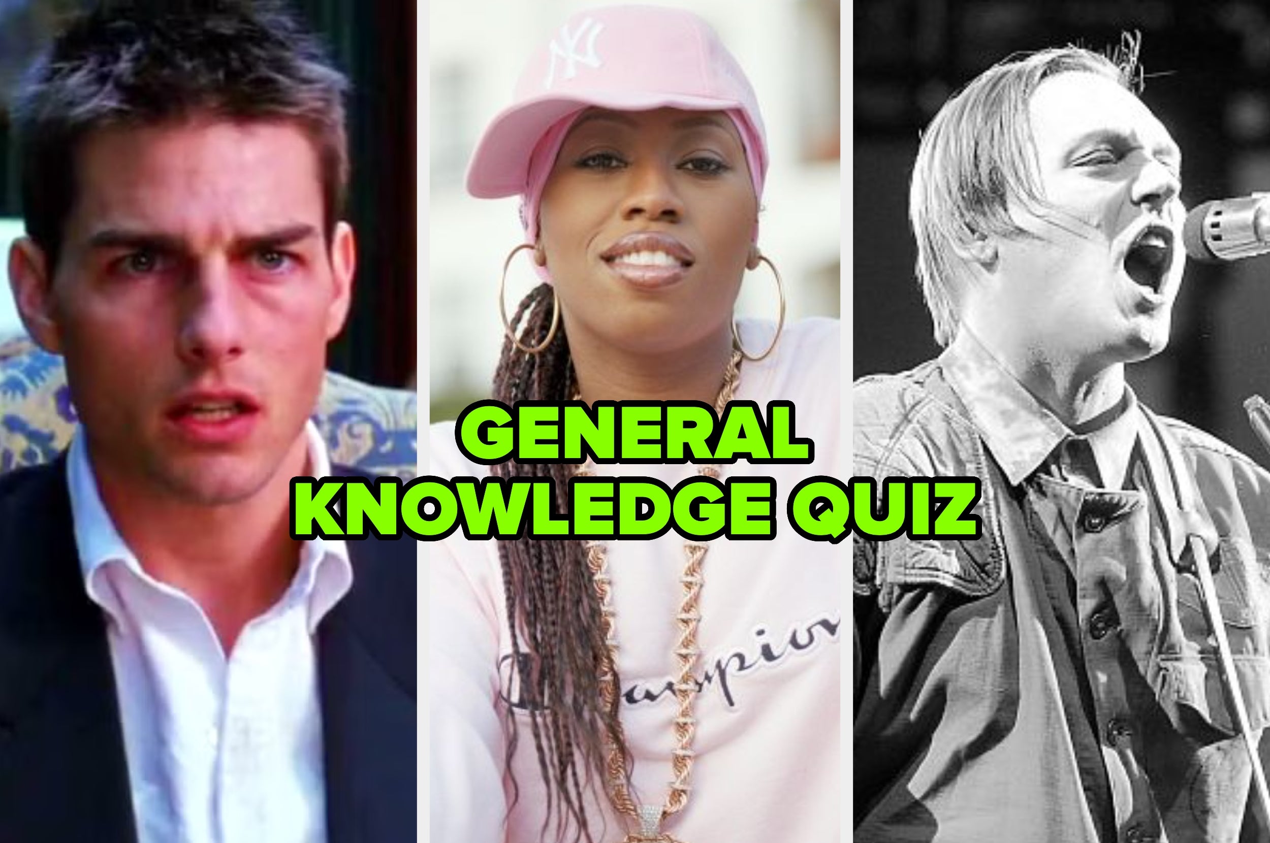 A collage of three people with "General Knowledge Quiz" text. Left: Person in a suit; center: Person in a cap and chain; right: Person singing