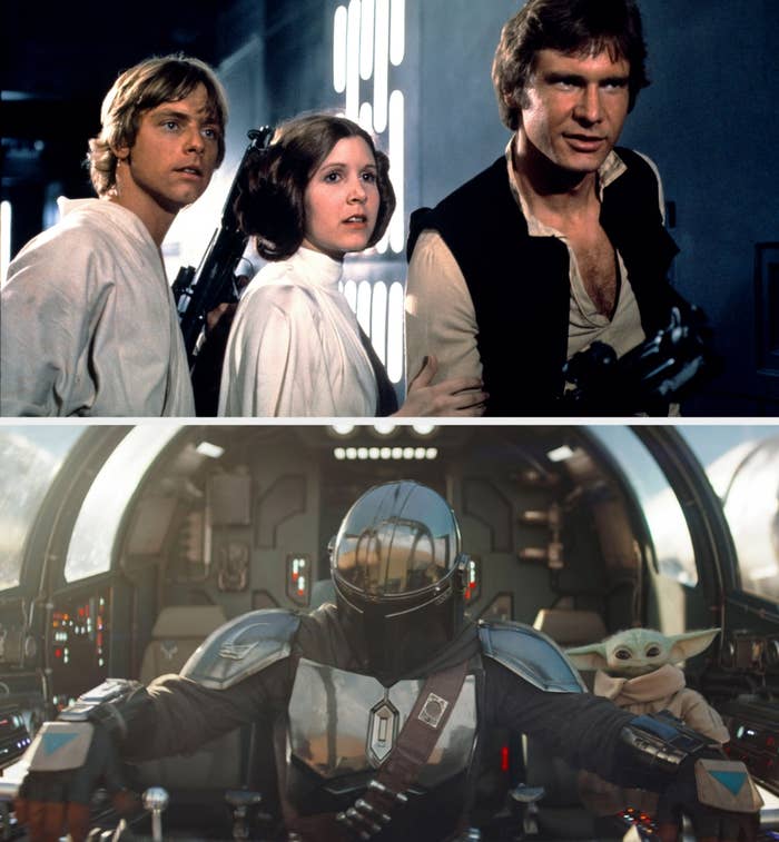  Top, 3  sci-fi characters successful  classical  attire with blasters. Bottom, futuristic armored fig  piloting with a tiny  alien carnal   beside