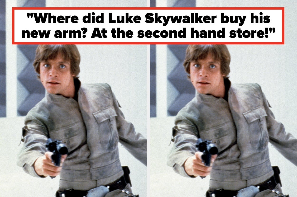 A humorous image of Luke Skywalker with text: "Where did Luke Skywalker buy his new arm? At the second hand store!"