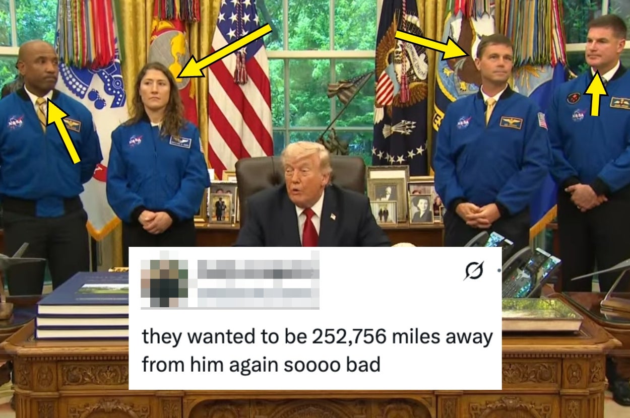 A group of people in blue NASA uniforms stand behind a desk with a person sitting, caption joking about wanting to be far away