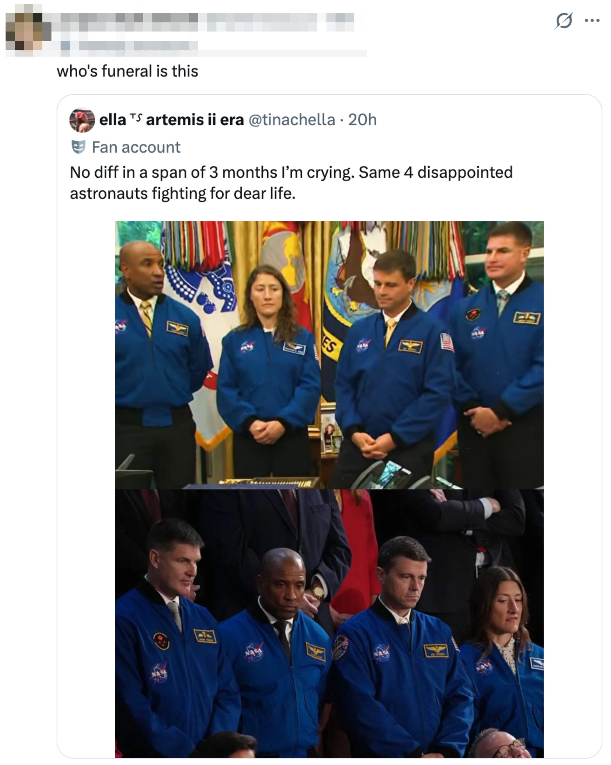 En gruppe på fire astronauter i blå flydrakt står i en formell setting og ser alvorlig ut. En tweet kommenterer humoristisk uttrykkene deres