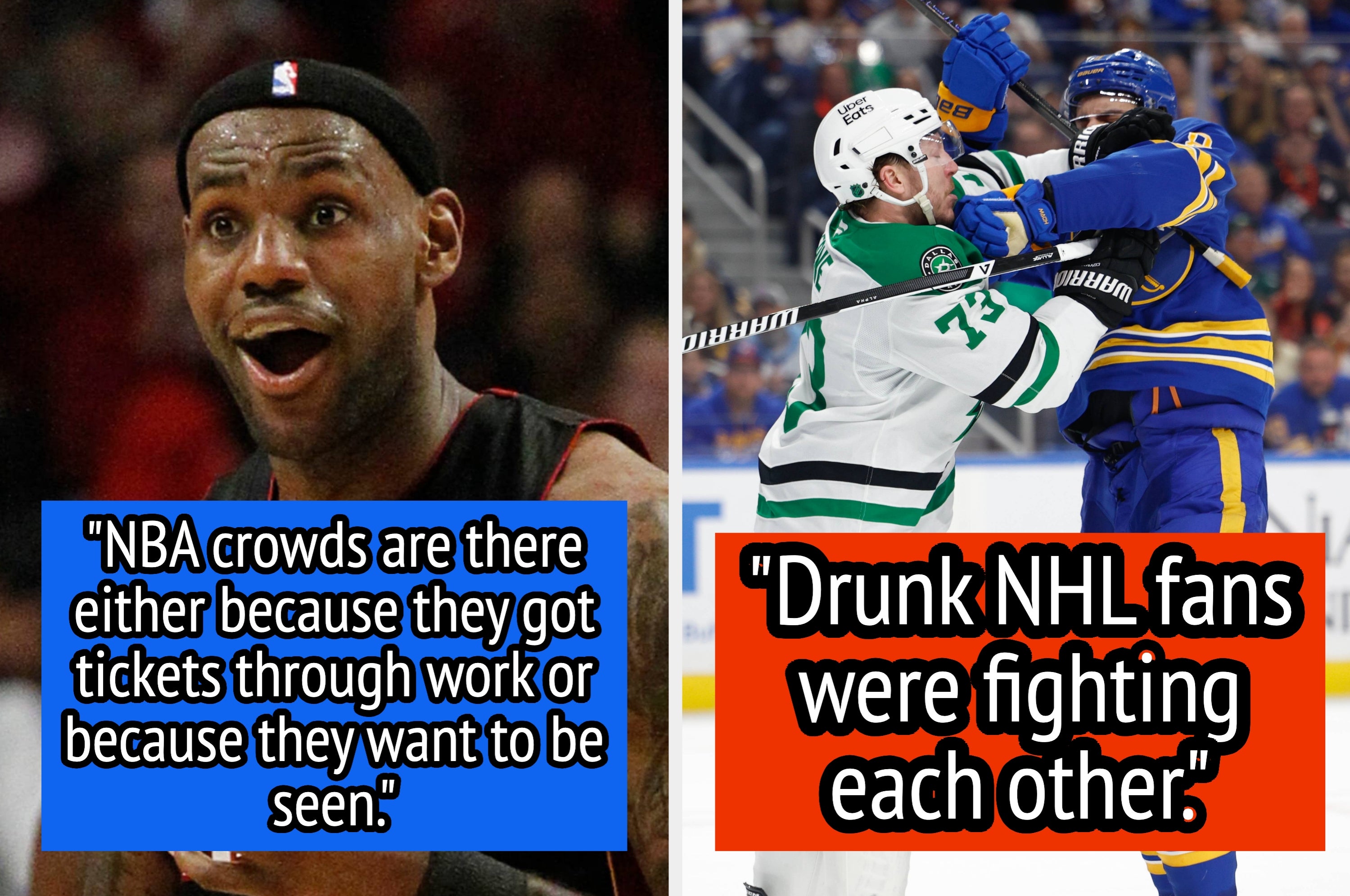 Basketball player reacting with surprise; hockey players from opposing teams engaged in a physical play on the ice