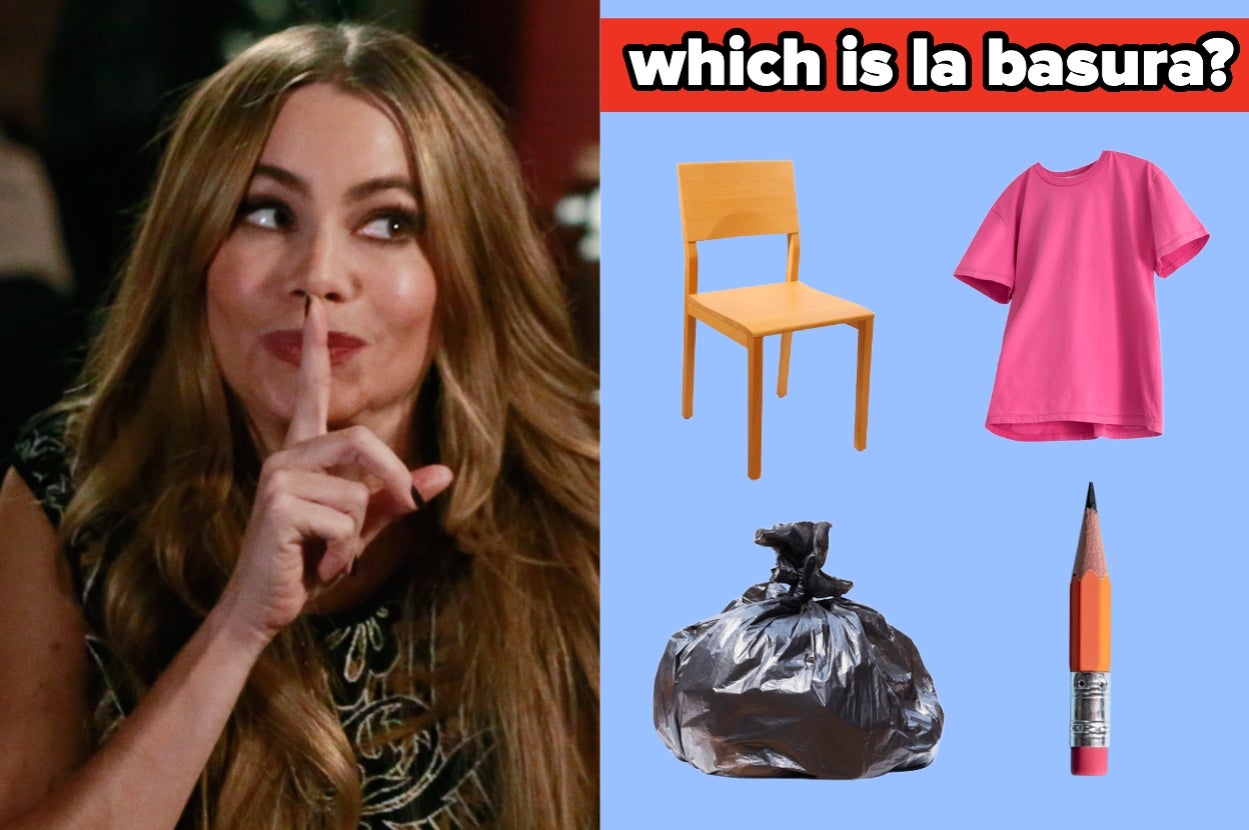 On the left, Sofia Vergara playfully gestures to be quiet in Modern Family. On the right, a question asks "which is la basura," and the four options below are a chair, shirt, trash bag, or pencil