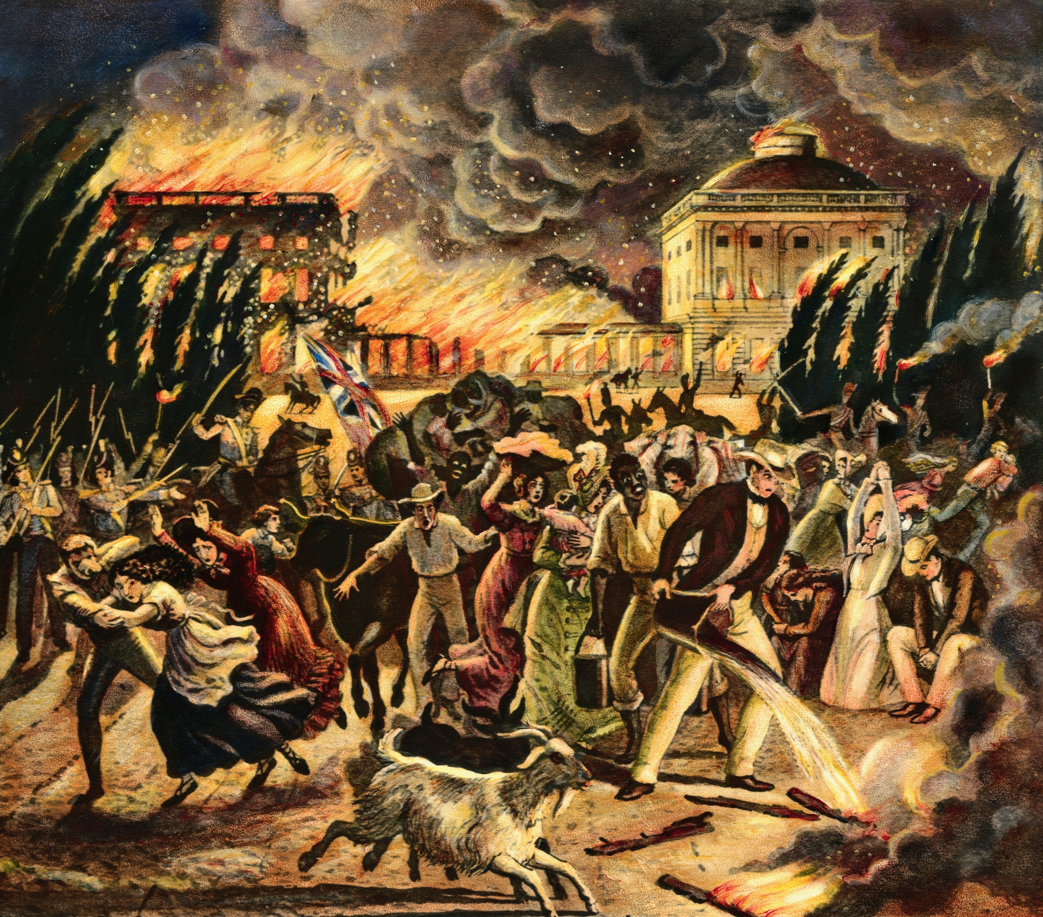 Illustration depicting radical   fleeing a ample  occurrence  successful  a town, with buildings ablaze and fume  successful  the background. Panic and urgency are evident