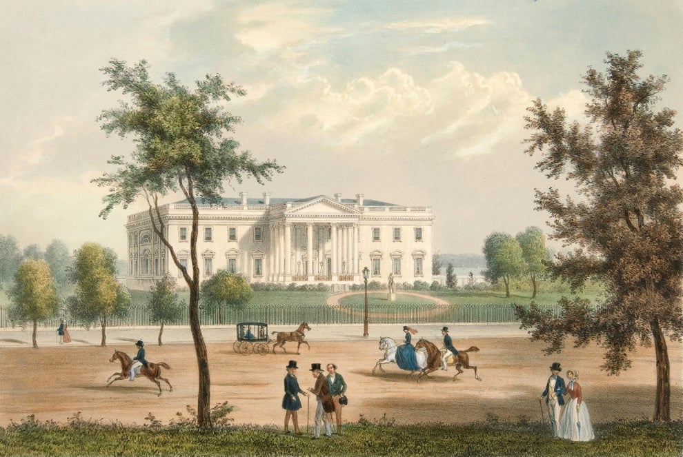 Historical illustration of the White House with radical   riding horses and walking successful  the foreground