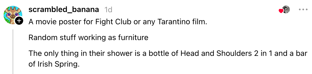 Postingan media sosial yang menyarankan elemen rumah unik yang menyerupai film Fight Club atau Tarantino, seperti furnitur yang tidak biasa dan perlengkapan mandi yang minimalis
