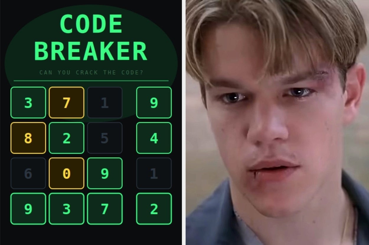 Puzzle image titled "Code Breaker" with numbered grid. Actor's face on the right, looking intense