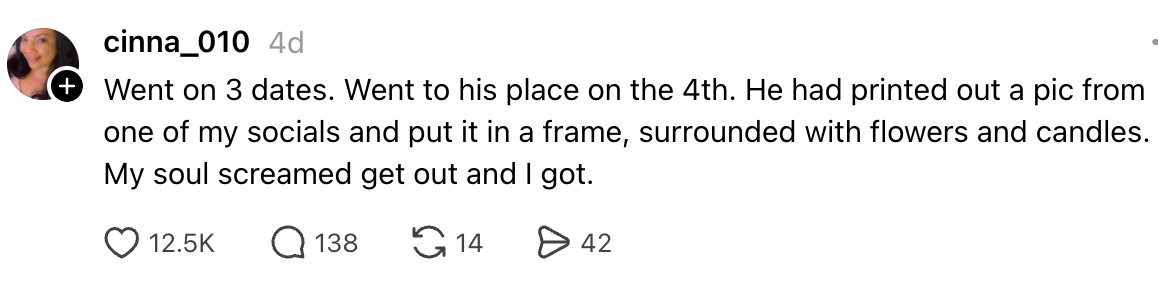  User shares a communicative   astir  dating a idiosyncratic   who framed their societal  media representation   surrounded by flowers and candles, prompting them to leave