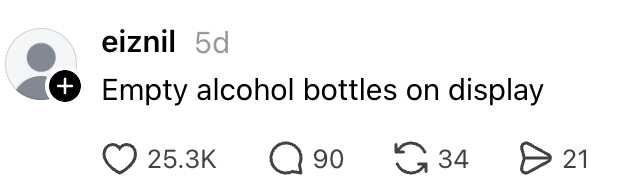 Social media station  by idiosyncratic    "eiznil" with the caption "Empty intoxicant  bottles connected  display" and assorted  engagement icons