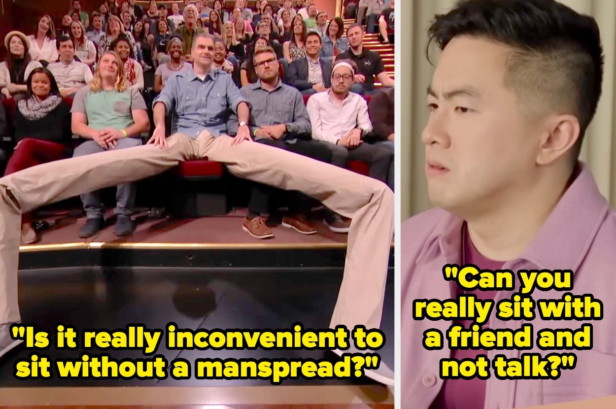 A man in an audience comically demonstrates extreme manspreading; another person looks skeptical with the text, "Can you really sit with a friend and not talk?"