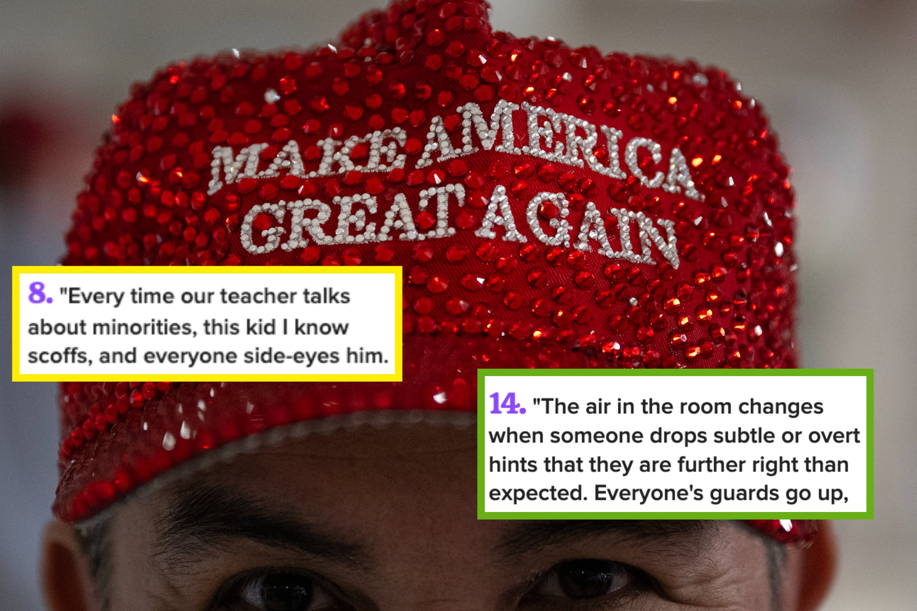 A sparkling hat with "MAKE AMERICA GREAT AGAIN." Text excerpts describe subtle social interactions and perceptions about political views