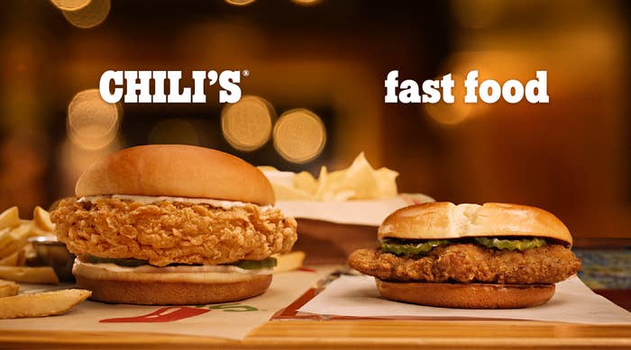 Chili's fast food advertisement featuring two chicken sandwiches with fries in the background