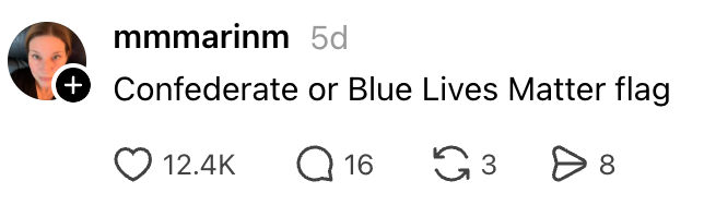 Comment questioning if a emblem  is Confederate oregon  Blue Lives Matter, with engagement stats