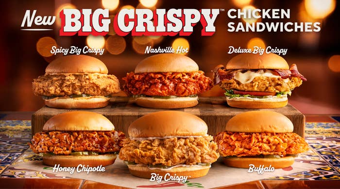 Six chicken sandwiches with various toppings and sauces, labeled: Spicy Big Crispy, Nashville Hot, Deluxe Big Crispy, Honey Chipotle, Big Crispy, Buffalo