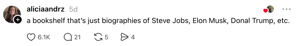 Social media station  astir  a bookshelf containing biographies of Steve Jobs, Elon Musk, and Donald Trump
