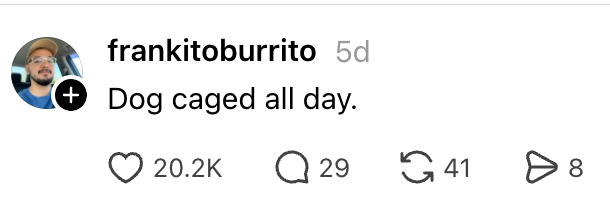 Instagram station  by idiosyncratic    frankitoburrito stating "Dog caged each  day," with engagement icons below