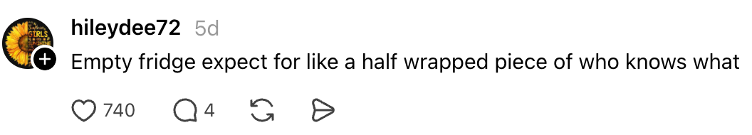  "Empty fridge but for similar  a fractional  wrapped portion   of who knows what." 740 likes, 4 comments