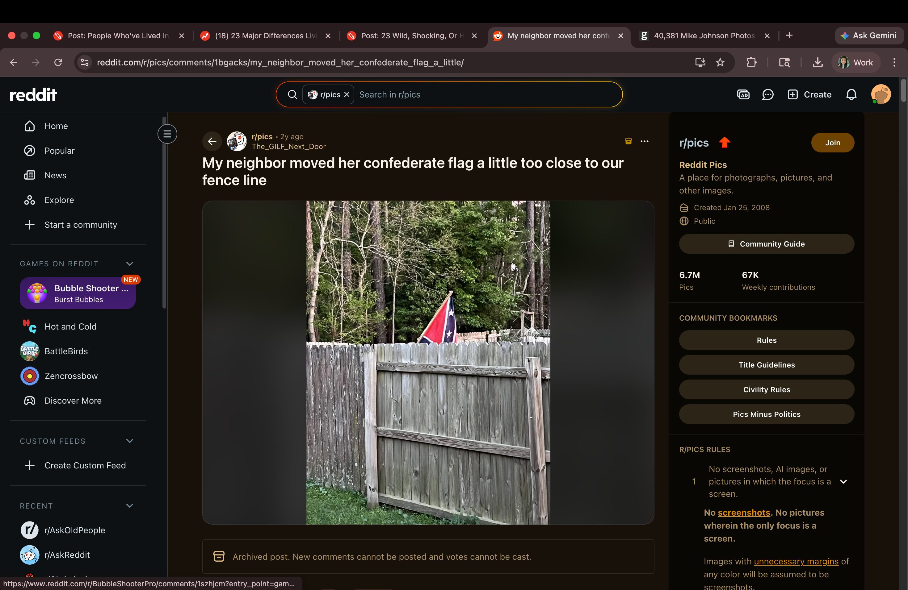 Reddit post showing a confederate flag on a fence, captioned "My neighbor moved her confederate flag a little too close to our fence line."