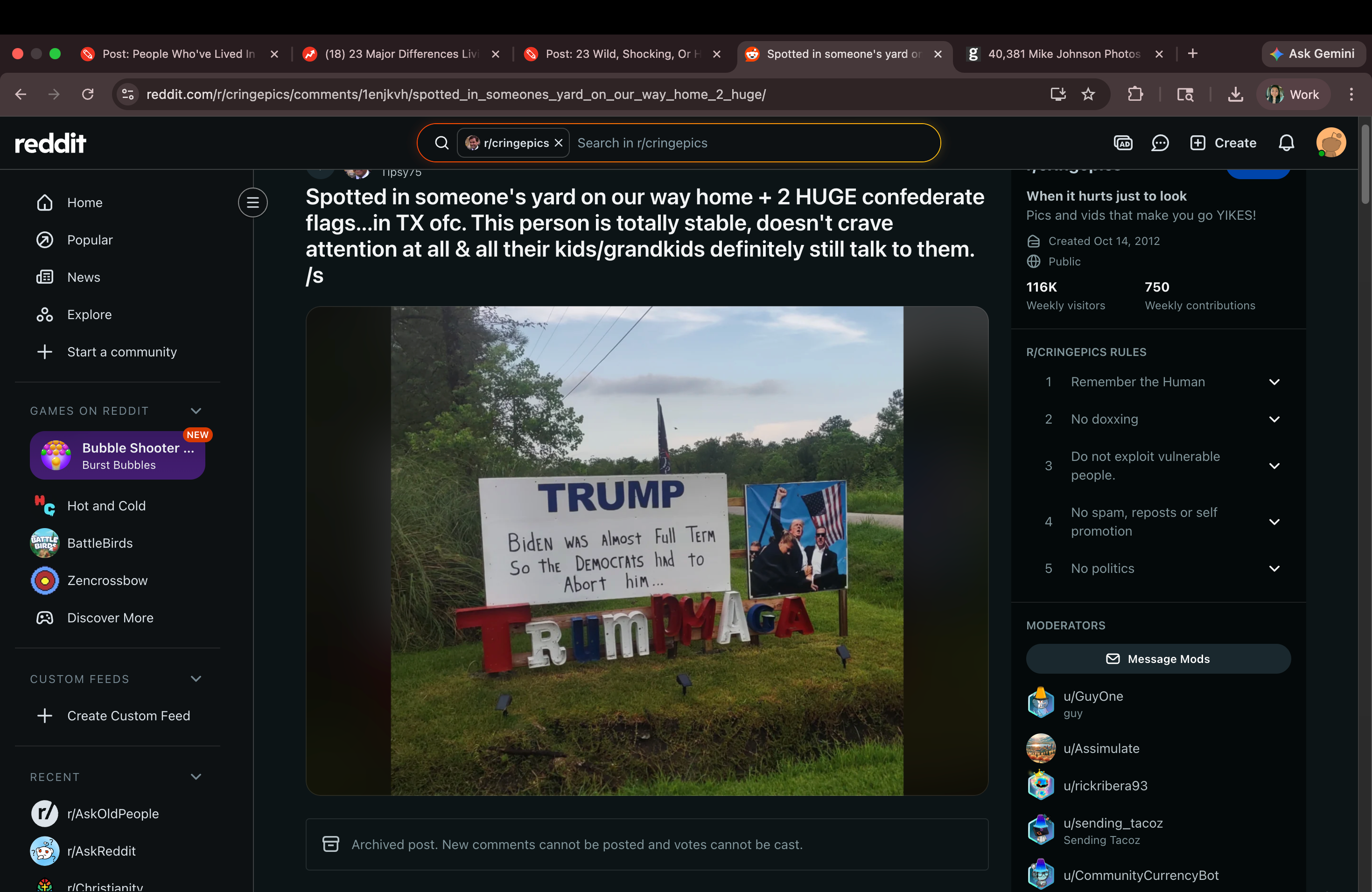 Reddit post shows a yard sign with "Trump" and "Biden was here" text, alongside confederate flags. Screenshot includes comments and usernames