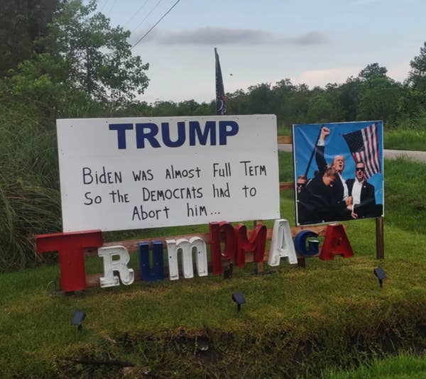 Reddit post shows a yard sign with "Trump" and "Biden was here" text, alongside confederate flags. Screenshot includes comments and usernames