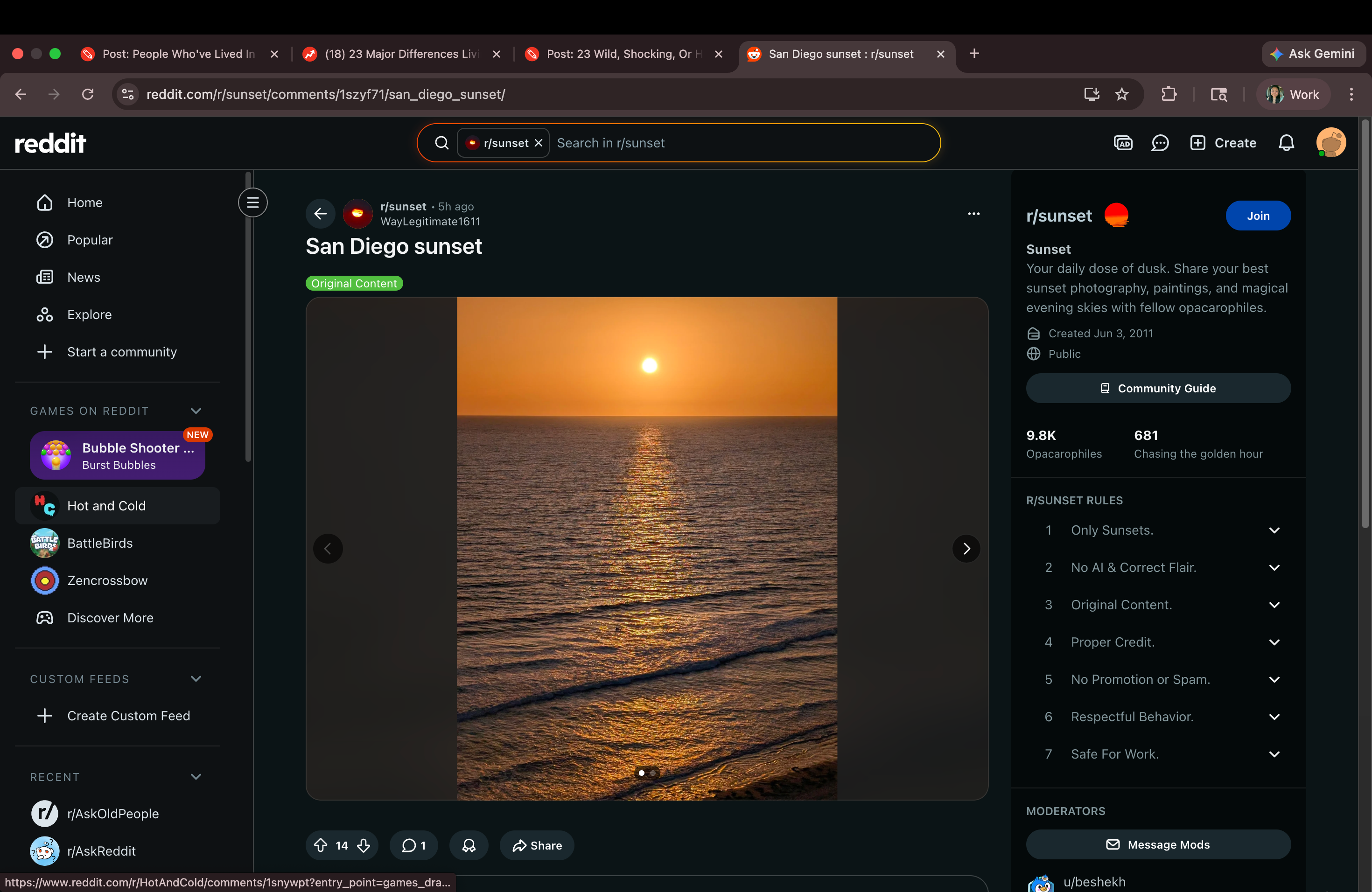 Screenshot of a Reddit post titled "San Diego sunset," showing an ocean view with the sun setting on the horizon