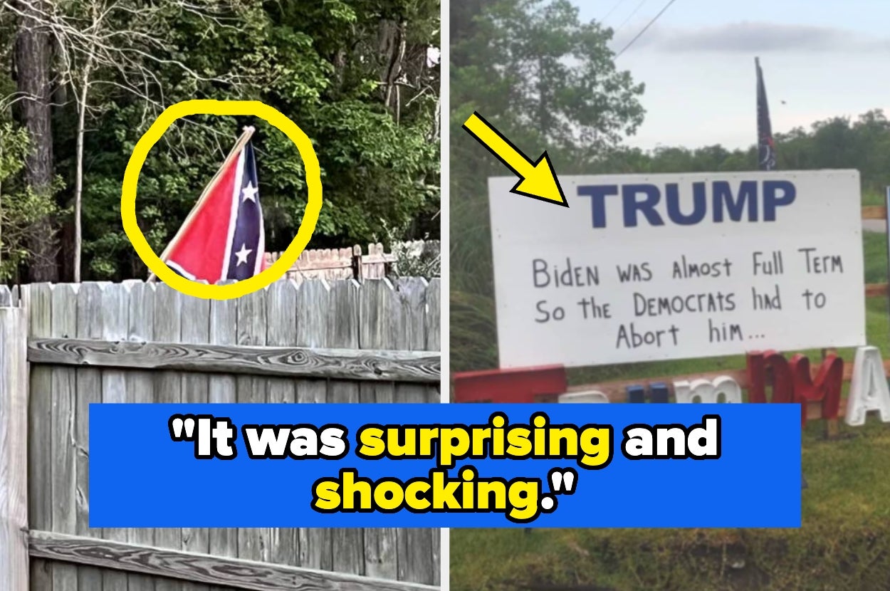 A Trump sign with the message, "Biden was almost full term so the Democrats had to abort him," next to a Confederate flag in a neighborhood