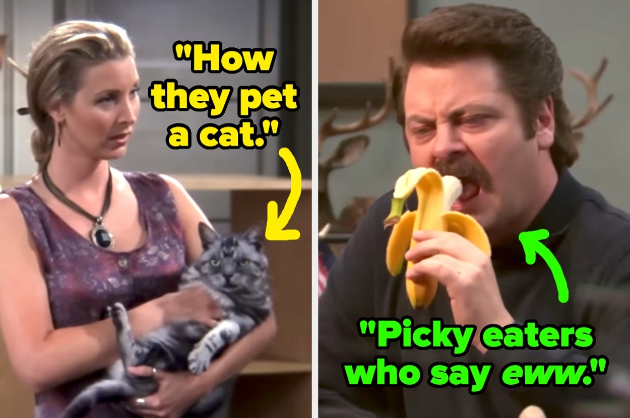 Split image: Left shows a person holding a cat with the text "How they pet a cat." Right shows a person eating a banana with "Picky eaters who say eww."