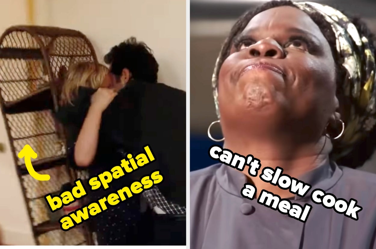 On the left, a couple awkwardly embraces near a shelf labeled "bad spatial awareness." On the right, a person frowns with text "can't slow cook a meal."