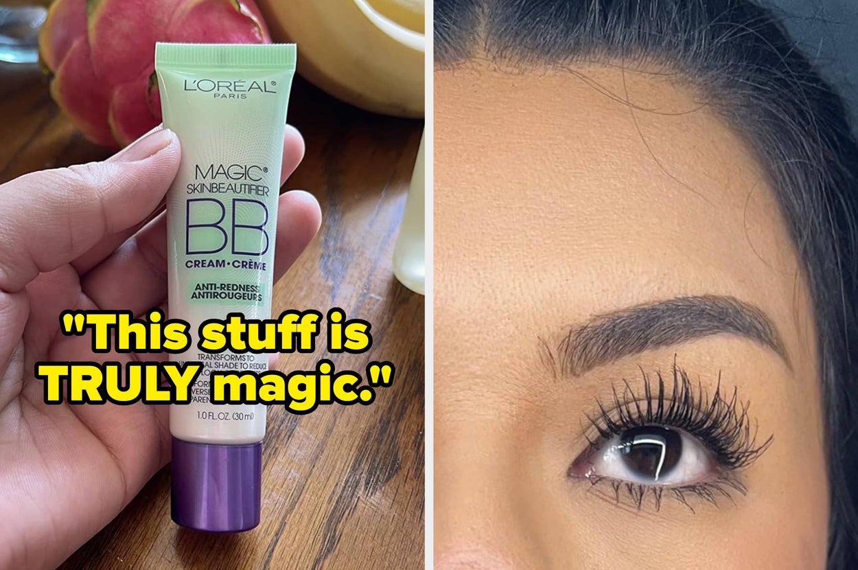 A reviewer wearing false lashes attached to magnetic eyeliner