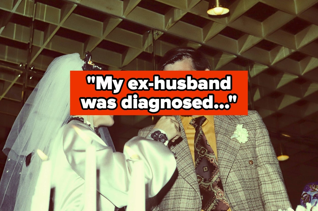 A bride and groom stand together, faces obscured. Overlay text reads: "My ex-husband was diagnosed..."